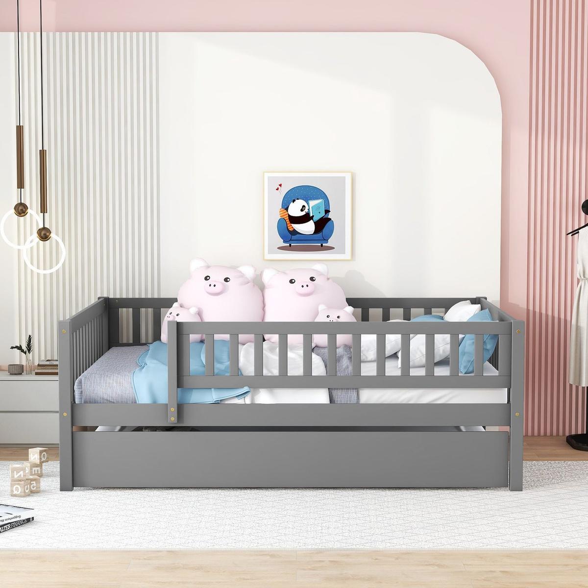 Full Size Wood Daybed with Trundle and Fence Guardrails, Gray - Streamdale Furniture