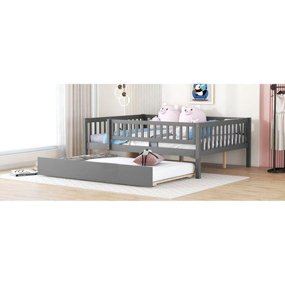Full Size Wood Daybed with Trundle and Fence Guardrails, Gray - Streamdale Furniture