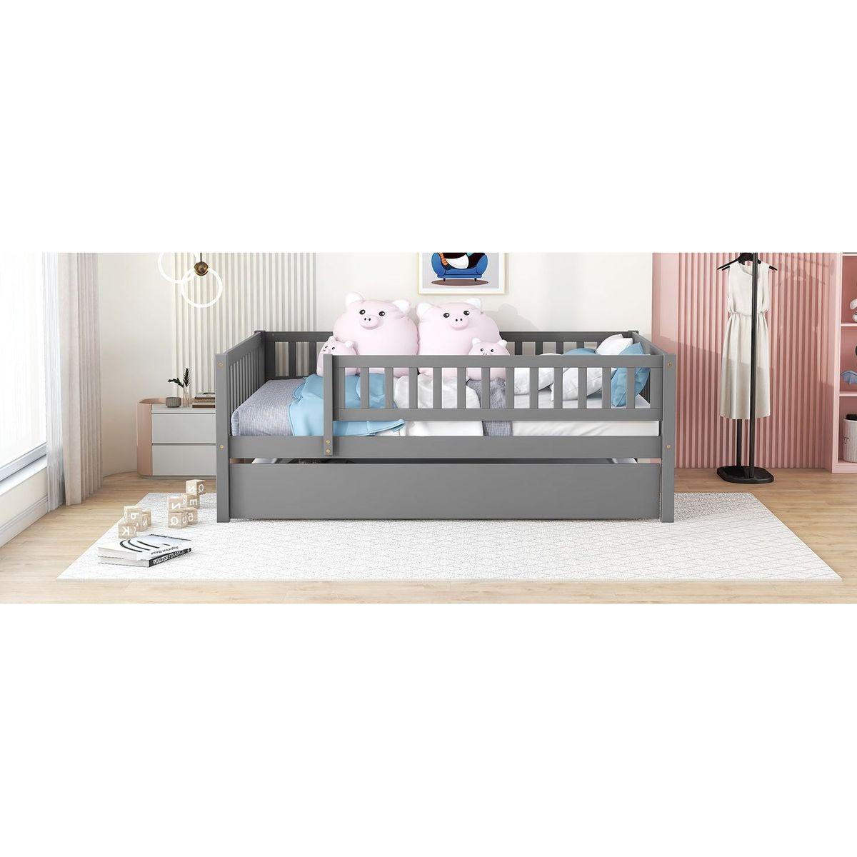 Full Size Wood Daybed with Trundle and Fence Guardrails, Gray - Streamdale Furniture