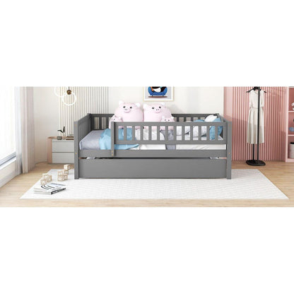 Full Size Wood Daybed with Trundle and Fence Guardrails, Gray - Streamdale Furniture