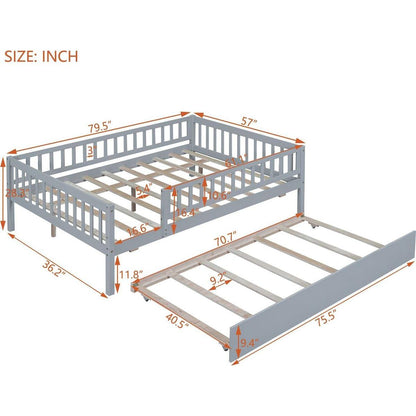Full Size Wood Daybed with Trundle and Fence Guardrails, Gray - Streamdale Furniture