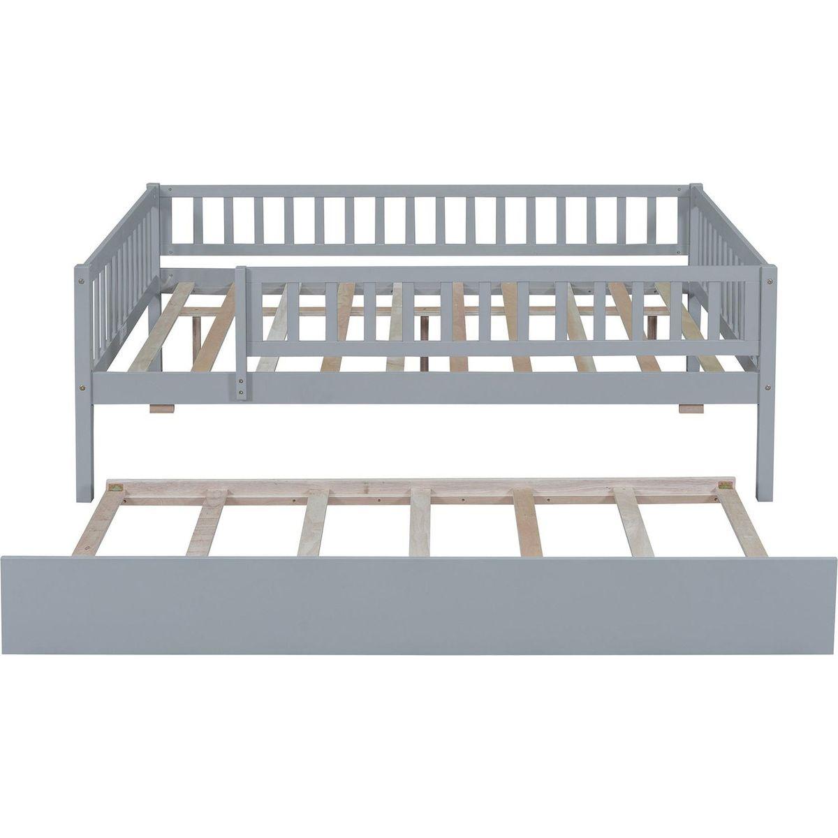Full Size Wood Daybed with Trundle and Fence Guardrails, Gray - Streamdale Furniture