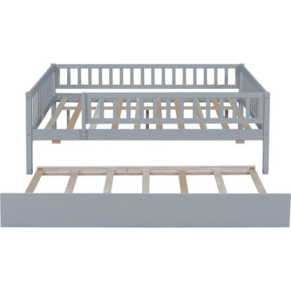 Full Size Wood Daybed with Trundle and Fence Guardrails, Gray - Streamdale Furniture