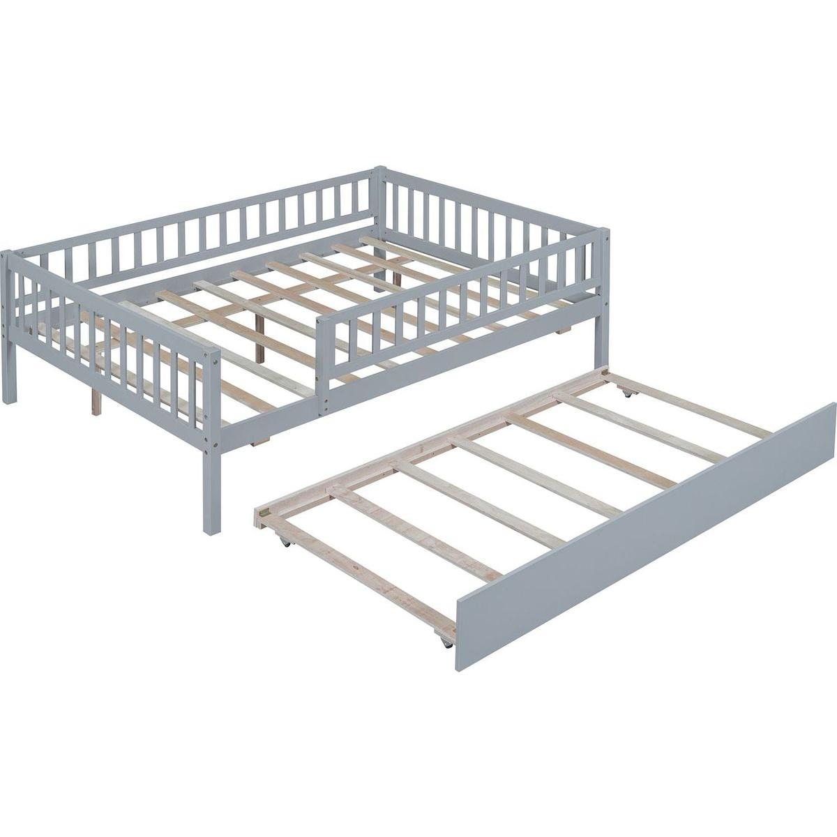 Full Size Wood Daybed with Trundle and Fence Guardrails, Gray - Streamdale Furniture