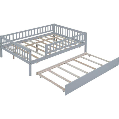 Full Size Wood Daybed with Trundle and Fence Guardrails, Gray - Streamdale Furniture