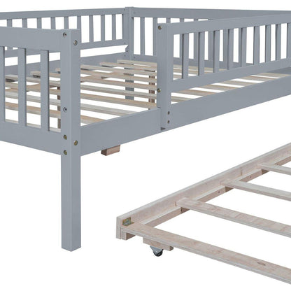 Full Size Wood Daybed with Trundle and Fence Guardrails, Gray - Streamdale Furniture