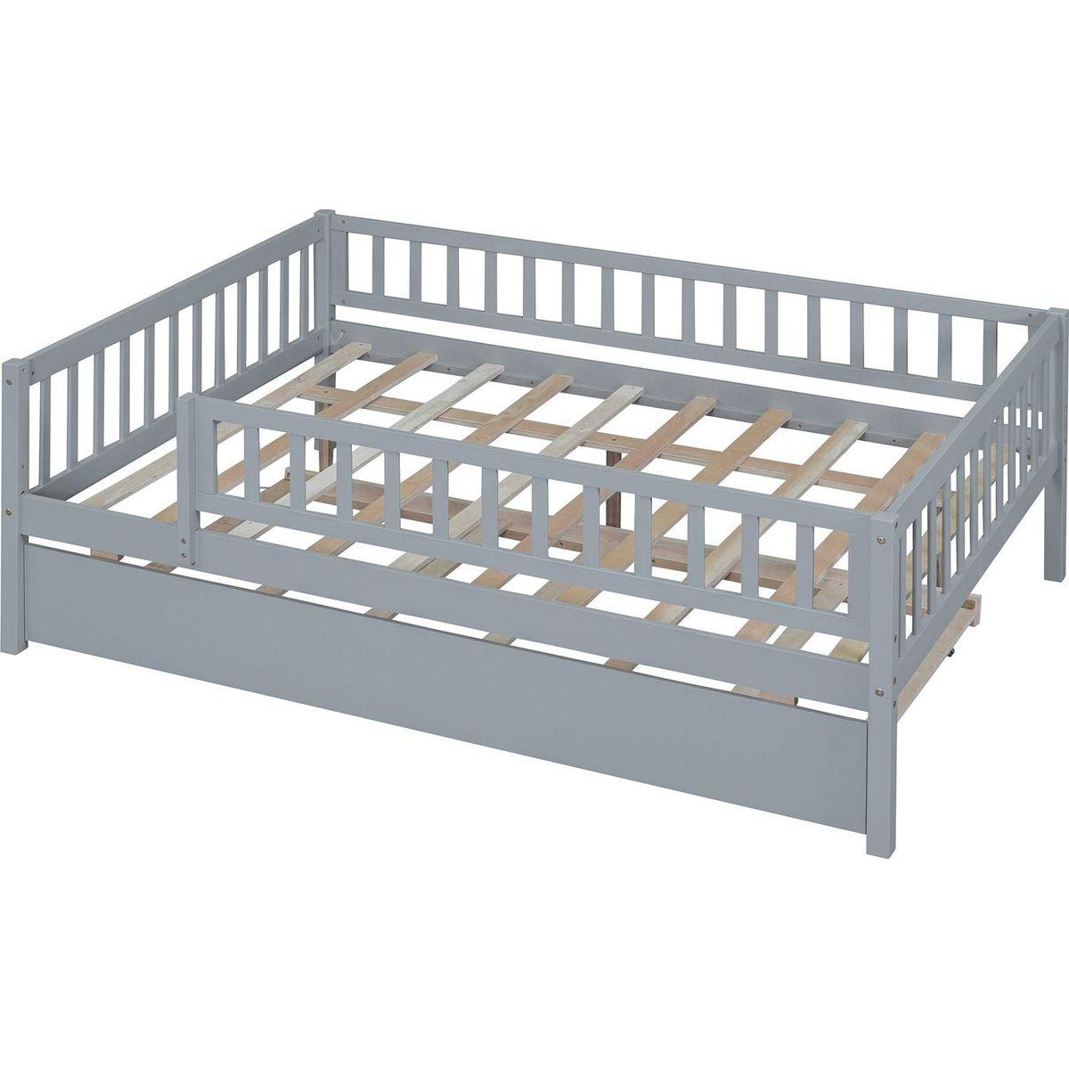 Full Size Wood Daybed with Trundle and Fence Guardrails, Gray - Streamdale Furniture