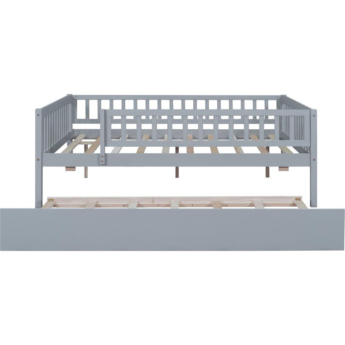 Full Size Wood Daybed with Trundle and Fence Guardrails, Gray - Streamdale Furniture