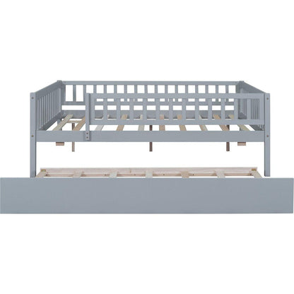 Full Size Wood Daybed with Trundle and Fence Guardrails, Gray - Streamdale Furniture