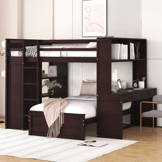 Full size Loft Bed with a twin size Stand-alone bed, Shelves, Desk, and Wardrobe-Espresso