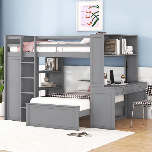 Full size Loft Bed with a twin size Stand-alone bed, Shelves, Desk, and Wardrobe-Gray