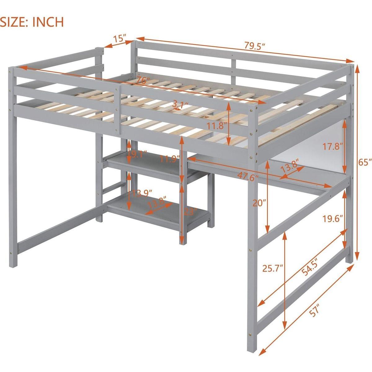 Full Size Wooden Loft Bed with Shelves, Desk and Writing Board - Gray