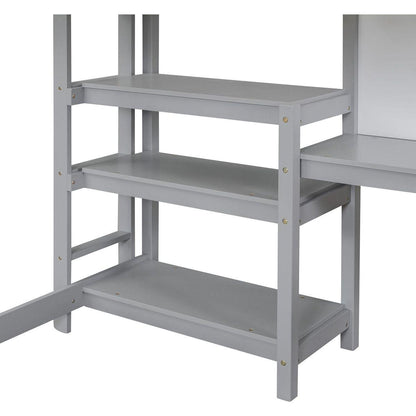 Full Size Wooden Loft Bed with Shelves, Desk and Writing Board - Gray