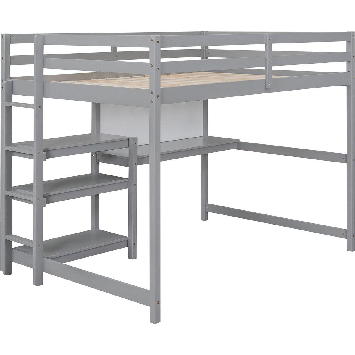 Full Size Wooden Loft Bed with Shelves, Desk and Writing Board - Gray