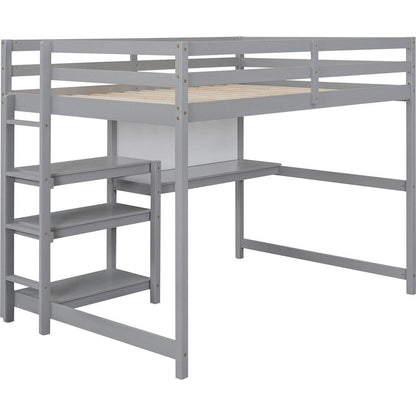 Full Size Wooden Loft Bed with Shelves, Desk and Writing Board - Gray
