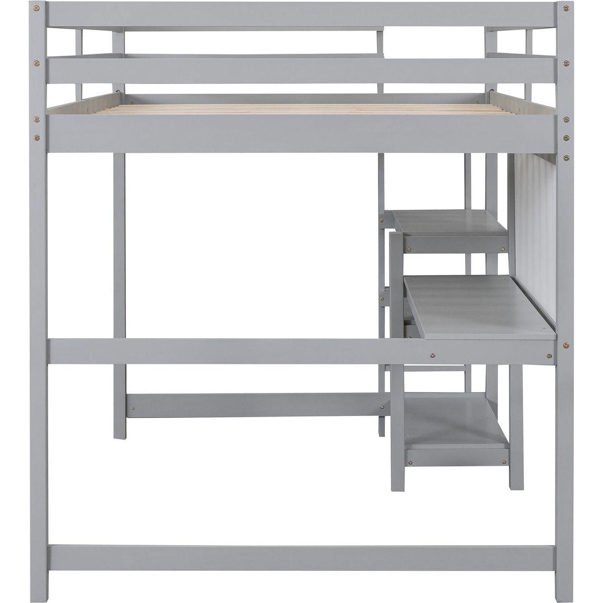 Full Size Wooden Loft Bed with Shelves, Desk and Writing Board - Gray