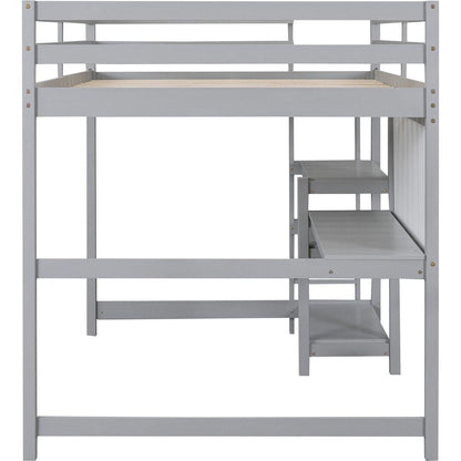 Full Size Wooden Loft Bed with Shelves, Desk and Writing Board - Gray
