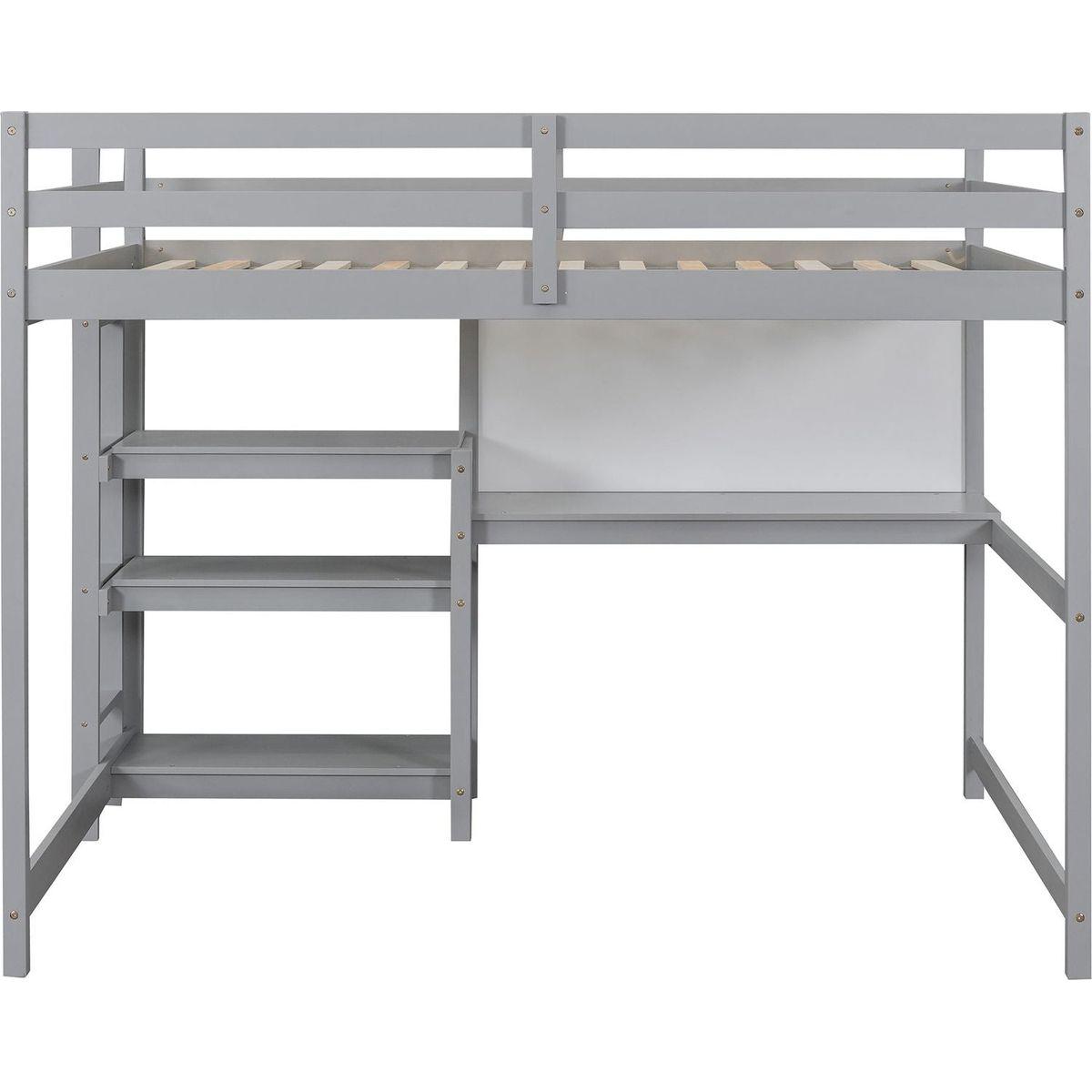 Full Size Wooden Loft Bed with Shelves, Desk and Writing Board - Gray