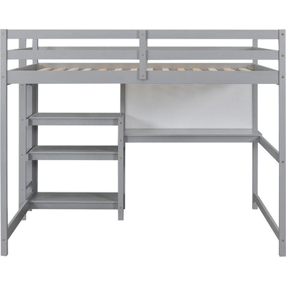Full Size Wooden Loft Bed with Shelves, Desk and Writing Board - Gray