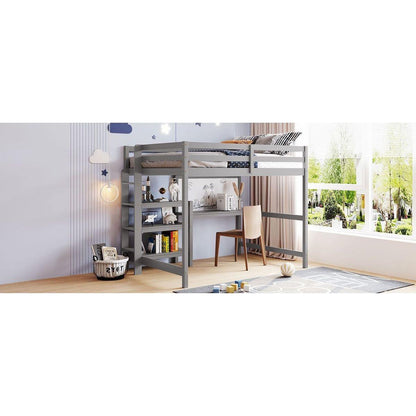 Full Size Wooden Loft Bed with Shelves, Desk and Writing Board - Gray