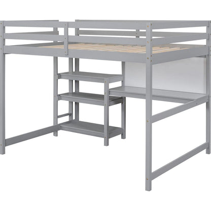 Full Size Wooden Loft Bed with Shelves, Desk and Writing Board - Gray