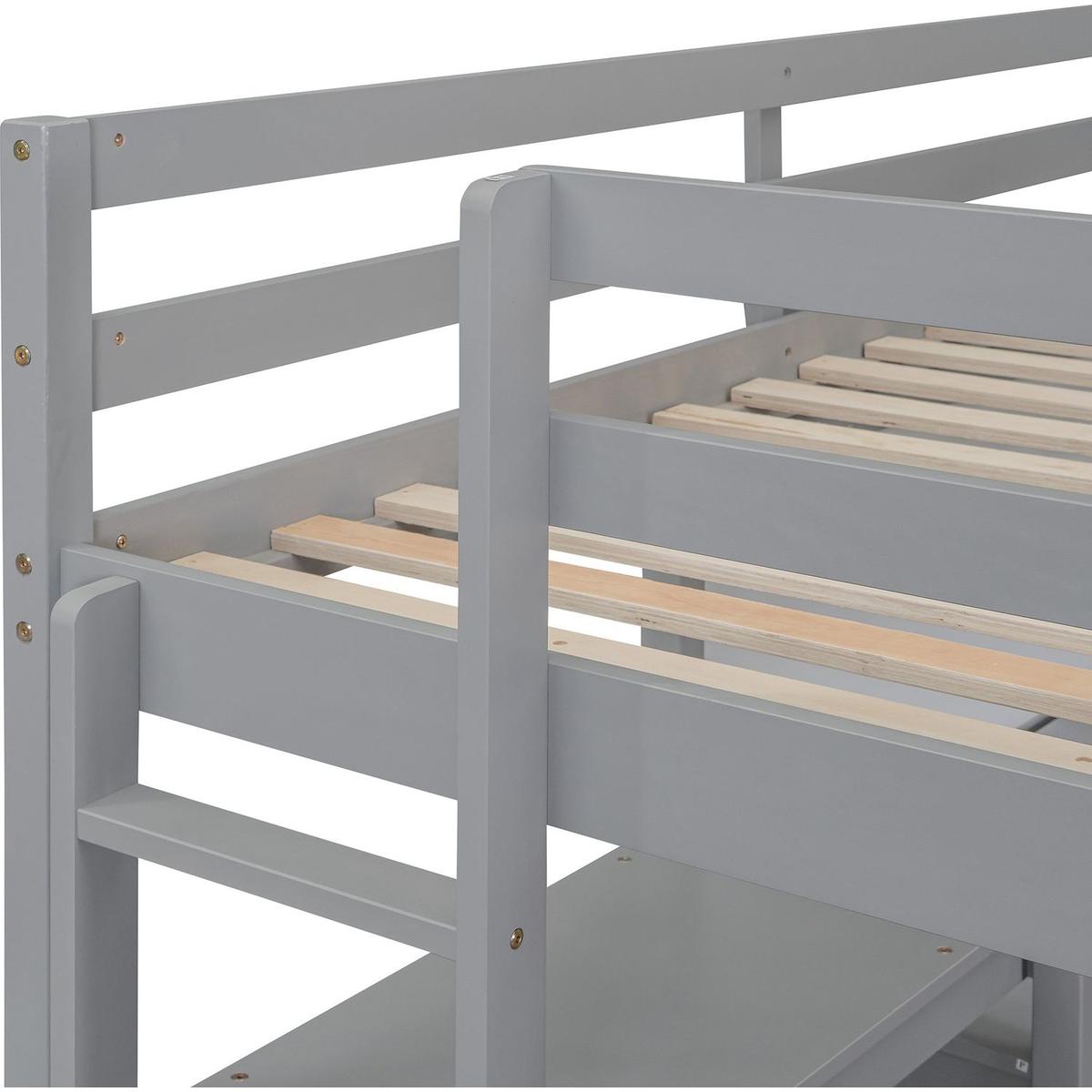 Full Size Wooden Loft Bed with Shelves, Desk and Writing Board - Gray