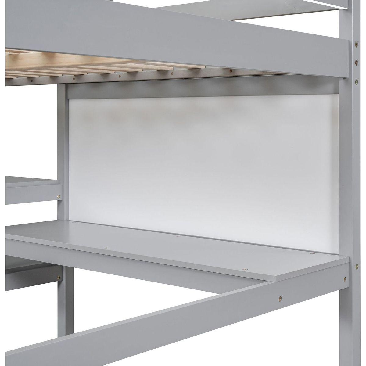 Full Size Wooden Loft Bed with Shelves, Desk and Writing Board - Gray