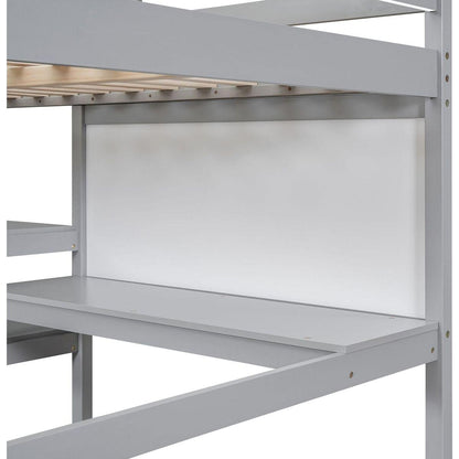 Full Size Wooden Loft Bed with Shelves, Desk and Writing Board - Gray