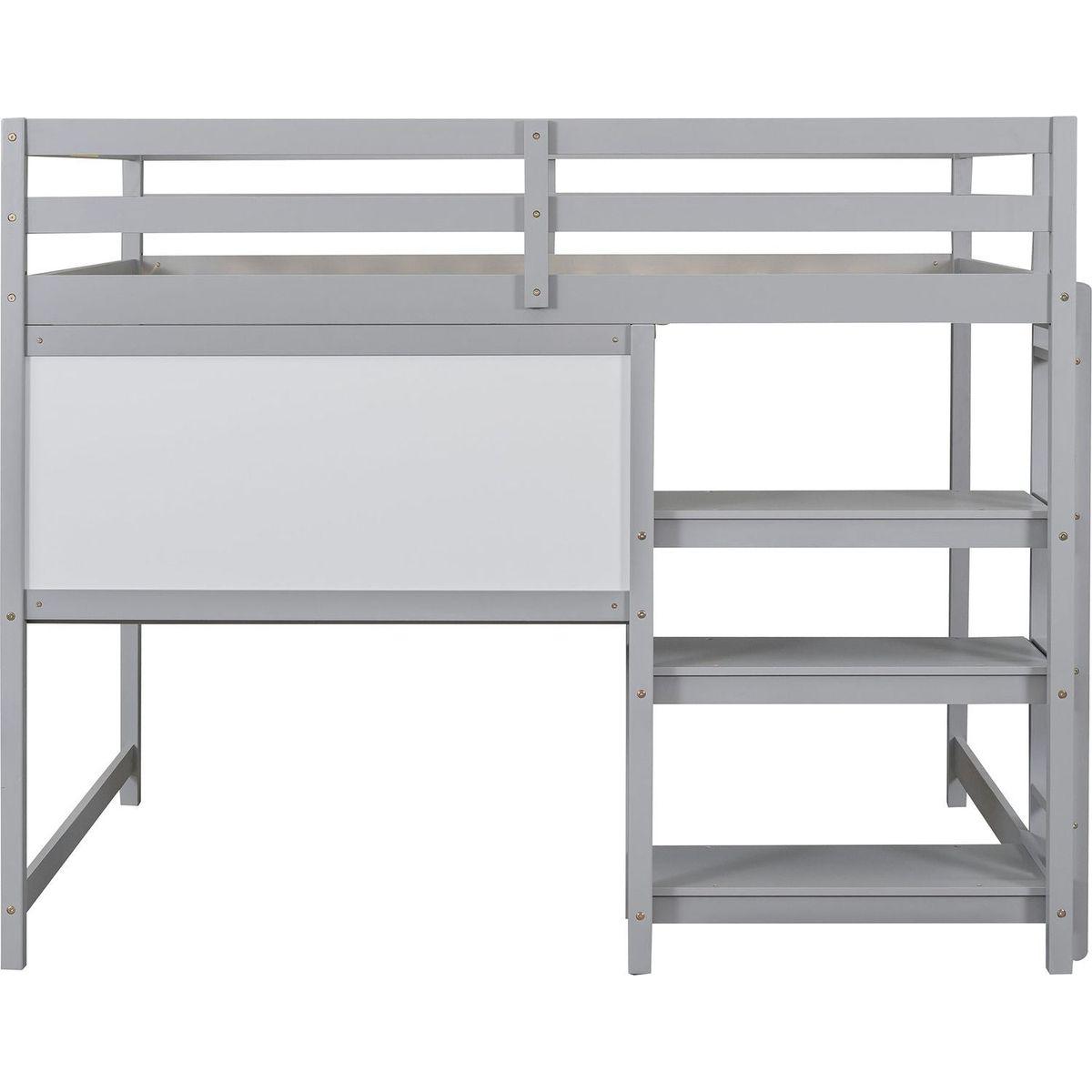 Full Size Wooden Loft Bed with Shelves, Desk and Writing Board - Gray