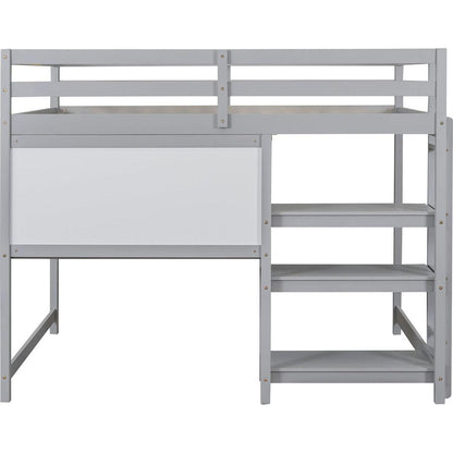 Full Size Wooden Loft Bed with Shelves, Desk and Writing Board - Gray