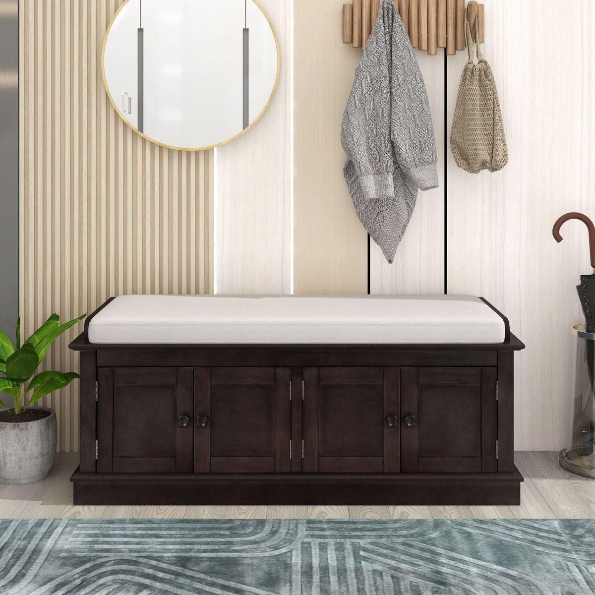 Storage Bench with 4 Doors and Adjustable Shelves, Shoe Bench with Removable Cushion for Living Room, Entryway (Espresso) - Streamdale Furniture
