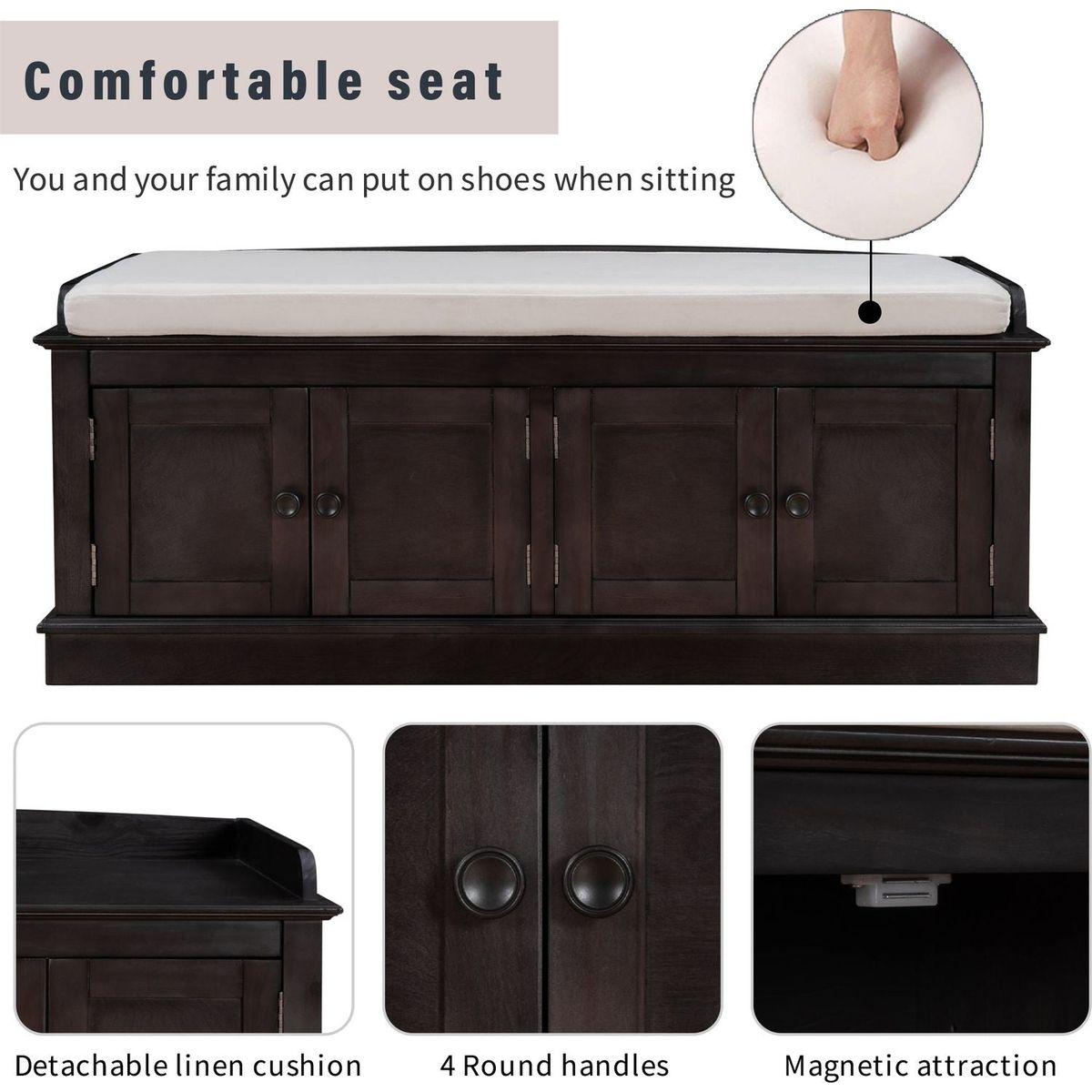 Storage Bench with 4 Doors and Adjustable Shelves, Shoe Bench with Removable Cushion for Living Room, Entryway (Espresso) - Streamdale Furniture