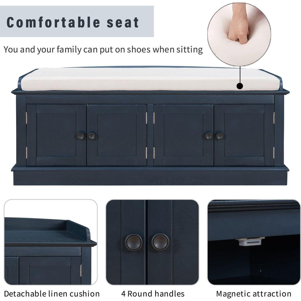 Storage Bench with 4 Doors and Adjustable Shelves, Shoe Bench with Removable Cushion for Living Room, Entryway (Antique Navy)