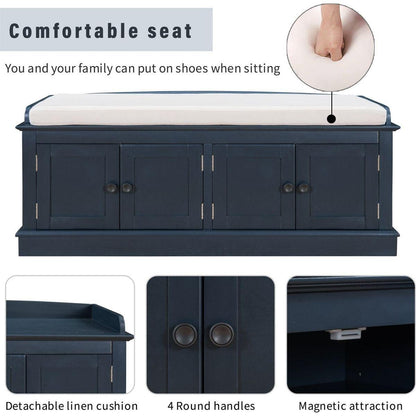 Storage Bench with 4 Doors and Adjustable Shelves, Shoe Bench with Removable Cushion for Living Room, Entryway (Antique Navy)