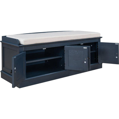 Storage Bench with 4 Doors and Adjustable Shelves, Shoe Bench with Removable Cushion for Living Room, Entryway (Antique Navy)