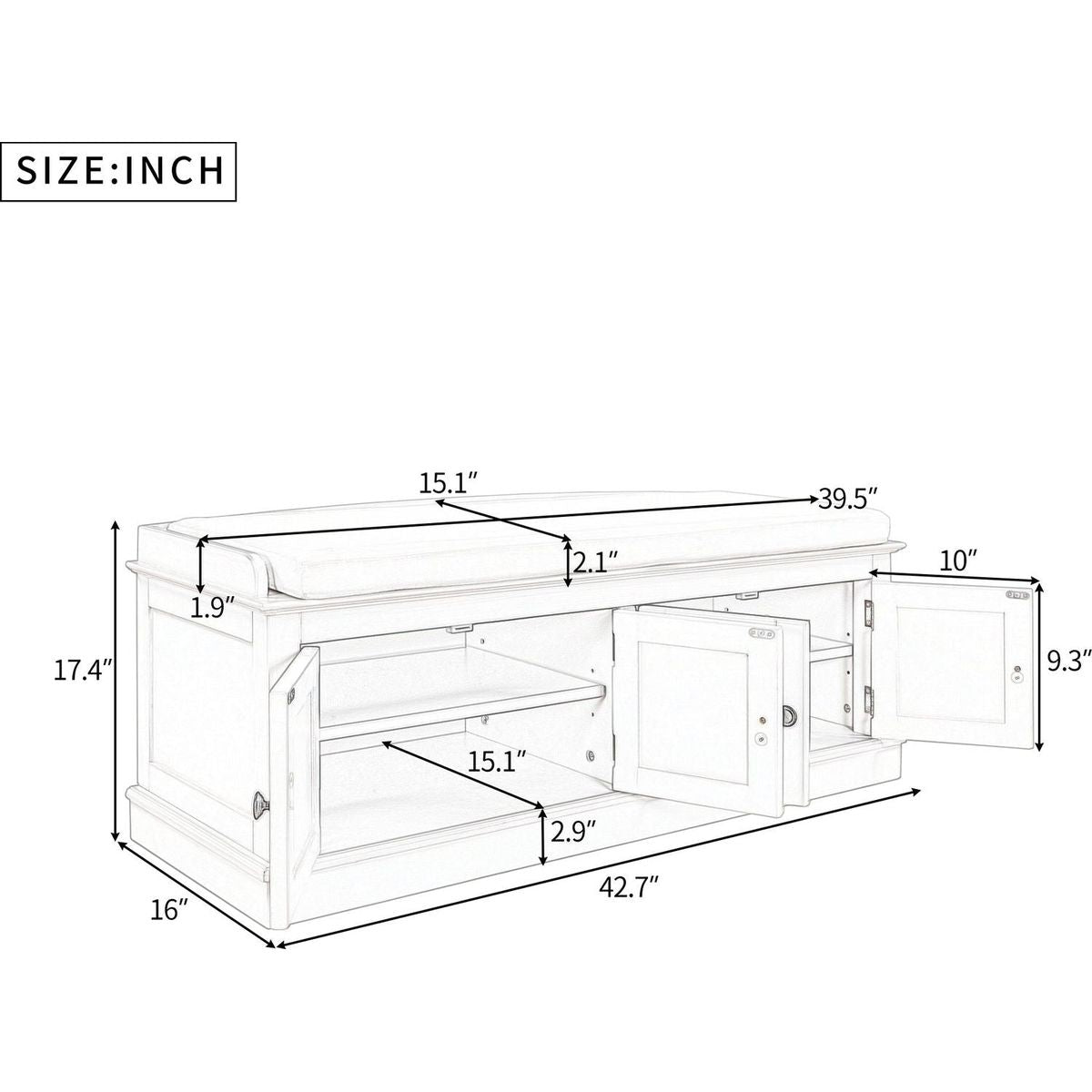 Storage Bench with 4 Doors and Adjustable Shelves, Shoe Bench with Removable Cushion for Living Room, Entryway (Espresso) - Streamdale Furniture