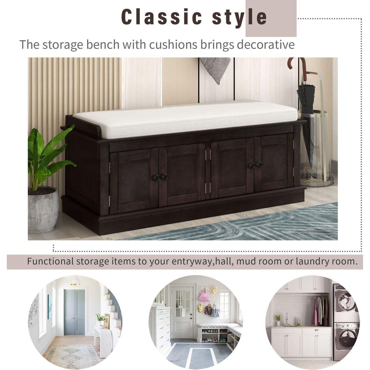 Storage Bench with 4 Doors and Adjustable Shelves, Shoe Bench with Removable Cushion for Living Room, Entryway (Espresso) - Streamdale Furniture