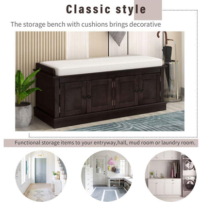 Storage Bench with 4 Doors and Adjustable Shelves, Shoe Bench with Removable Cushion for Living Room, Entryway (Espresso) - Streamdale Furniture