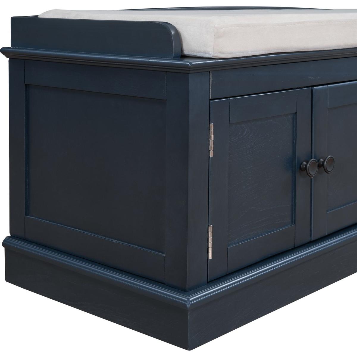 Storage Bench with 4 Doors and Adjustable Shelves, Shoe Bench with Removable Cushion for Living Room, Entryway (Antique Navy)