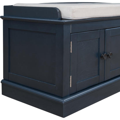 Storage Bench with 4 Doors and Adjustable Shelves, Shoe Bench with Removable Cushion for Living Room, Entryway (Antique Navy)