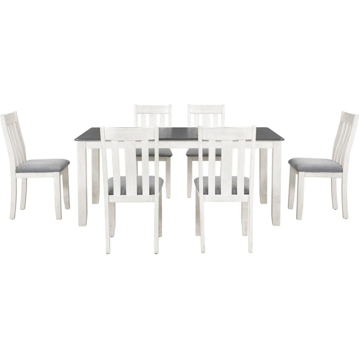 Retro Style 7-Piece Dining Table Set with Extendable Table and 6 Upholstered Chairs (Gray+White) - Streamdale Furniture