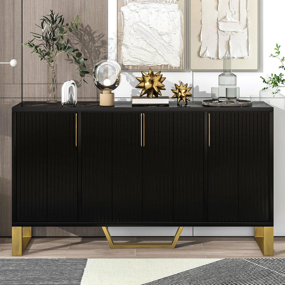 Modern sideboard with Four Doors, Metal handles & Legs and Adjustable Shelves Kitchen Cabinet (Black) - Streamdale Furniture