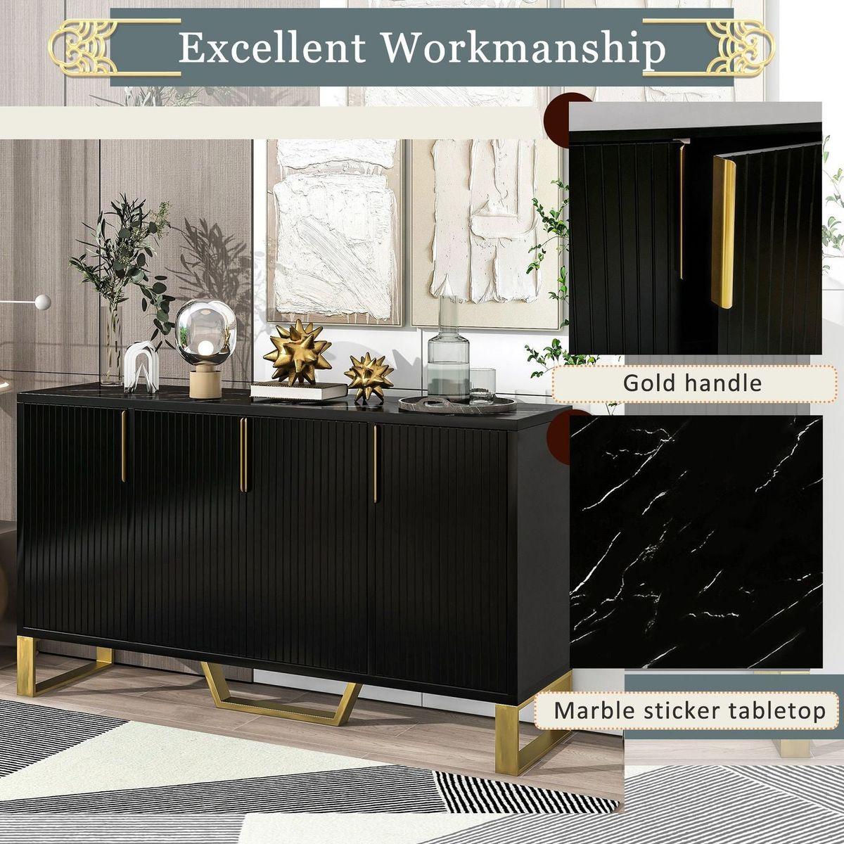 Modern sideboard with Four Doors, Metal handles & Legs and Adjustable Shelves Kitchen Cabinet (Black) - Streamdale Furniture
