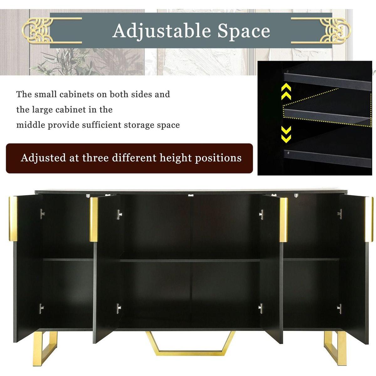 Modern sideboard with Four Doors, Metal handles & Legs and Adjustable Shelves Kitchen Cabinet (Black) - Streamdale Furniture