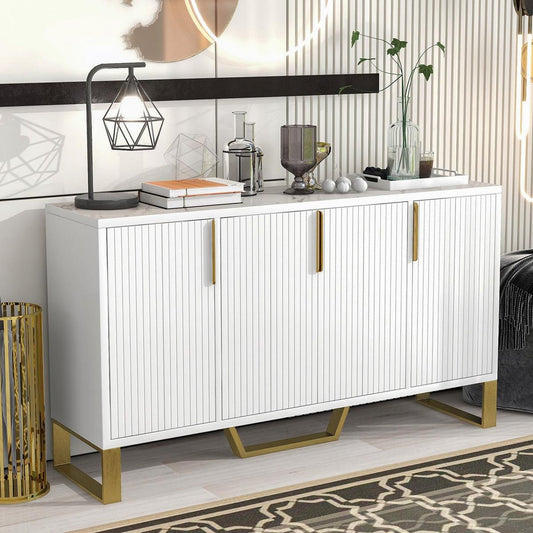 Modern sideboard with Four Doors, Metal handles & Legs and Adjustable Shelves Kitchen Cabinet (White) - Streamdale Furniture