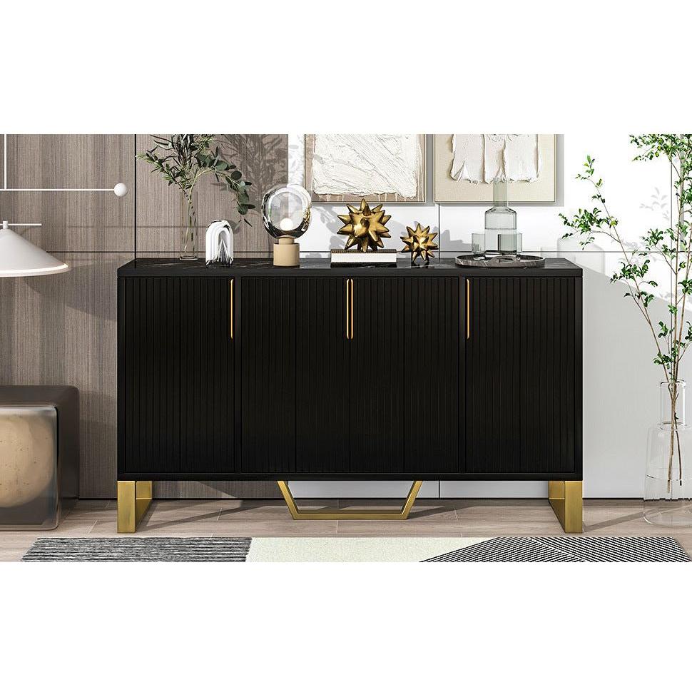 Modern sideboard with Four Doors, Metal handles & Legs and Adjustable Shelves Kitchen Cabinet (Black) - Streamdale Furniture