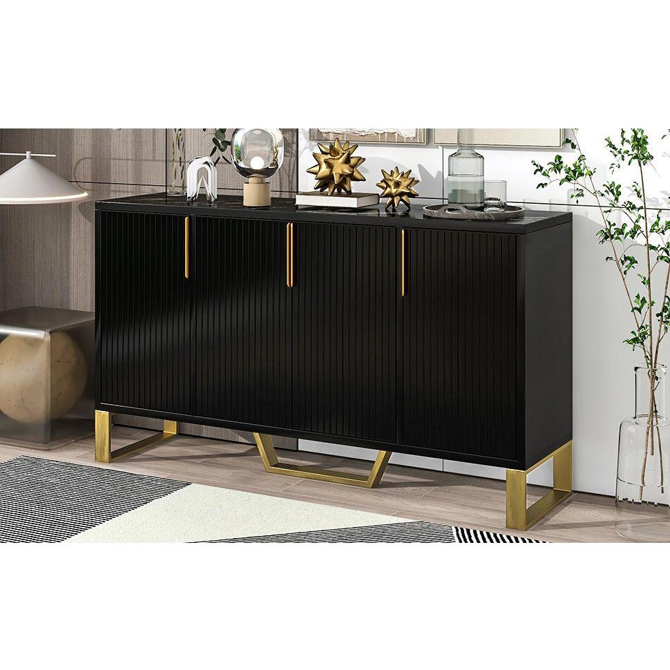 Modern sideboard with Four Doors, Metal handles & Legs and Adjustable Shelves Kitchen Cabinet (Black) - Streamdale Furniture