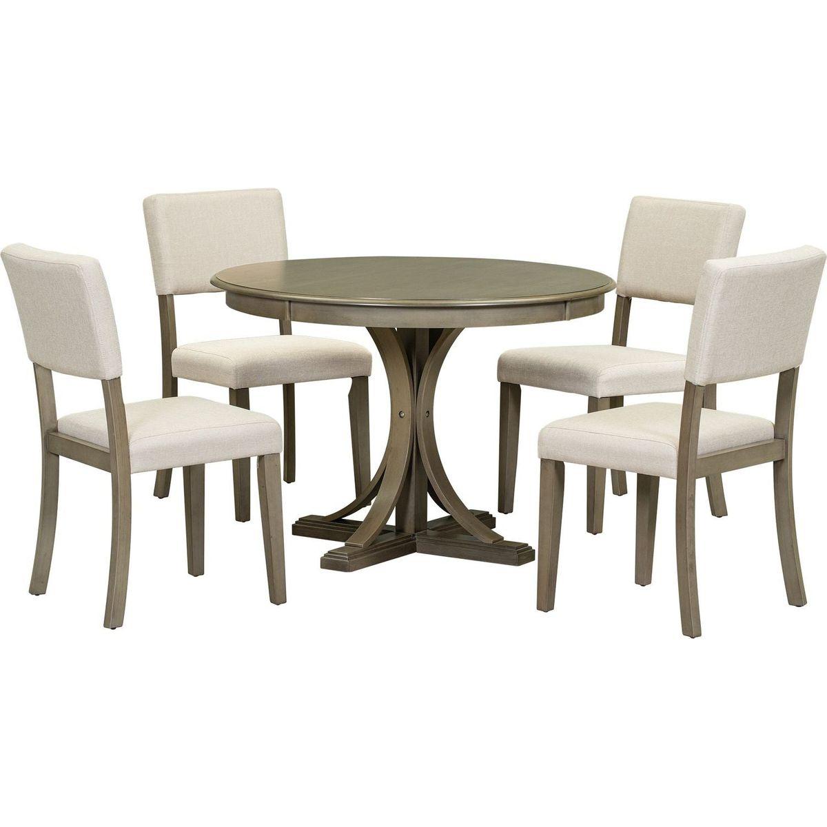 5-Piece Retro Round Dining Table Set with Curved Trestle Style Table Legs and 4 Upholstered Chairs for Dining Room (Taupe)