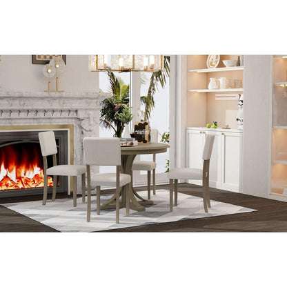 5-Piece Retro Round Dining Table Set with Curved Trestle Style Table Legs and 4 Upholstered Chairs for Dining Room (Taupe)