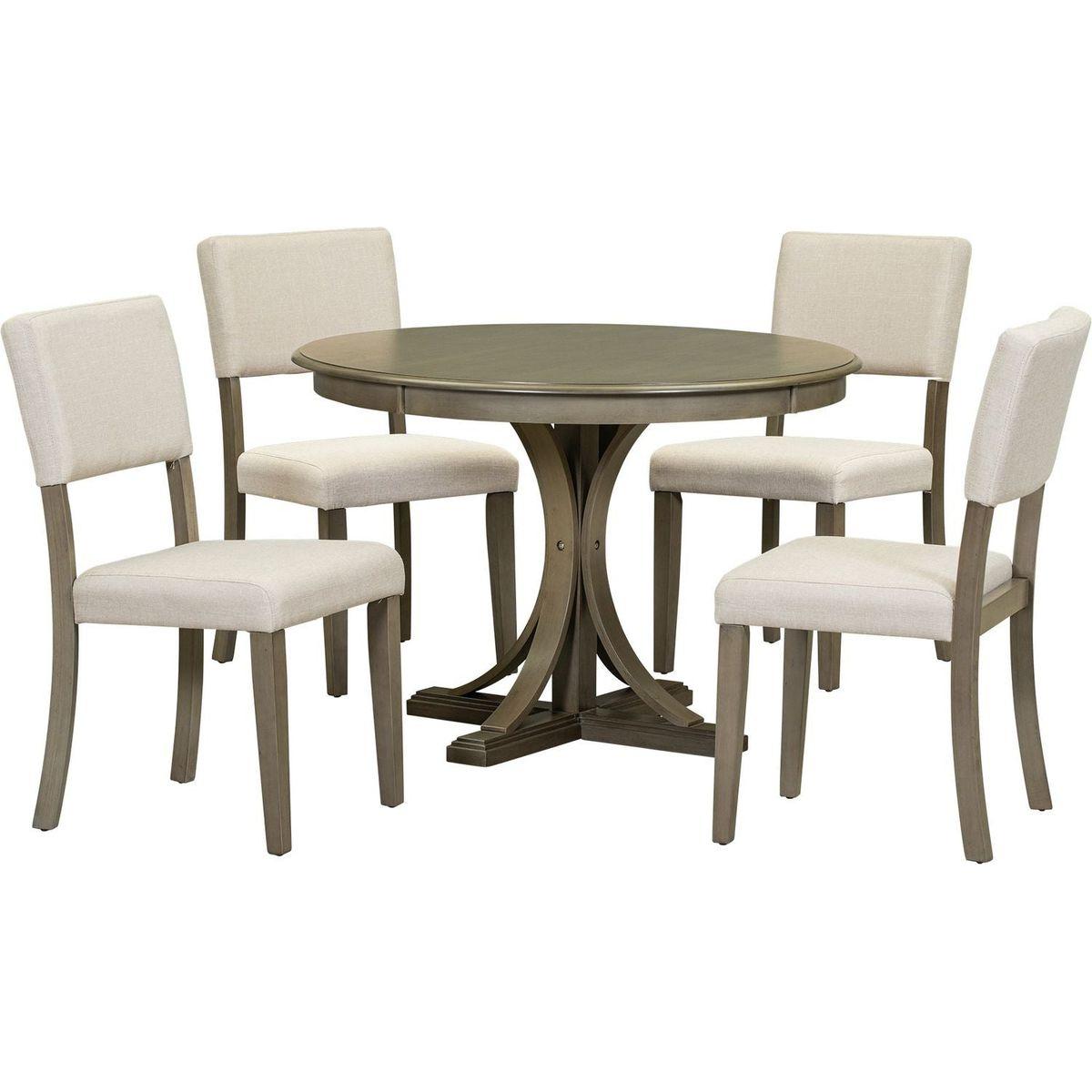 5-Piece Retro Round Dining Table Set with Curved Trestle Style Table Legs and 4 Upholstered Chairs for Dining Room (Taupe)